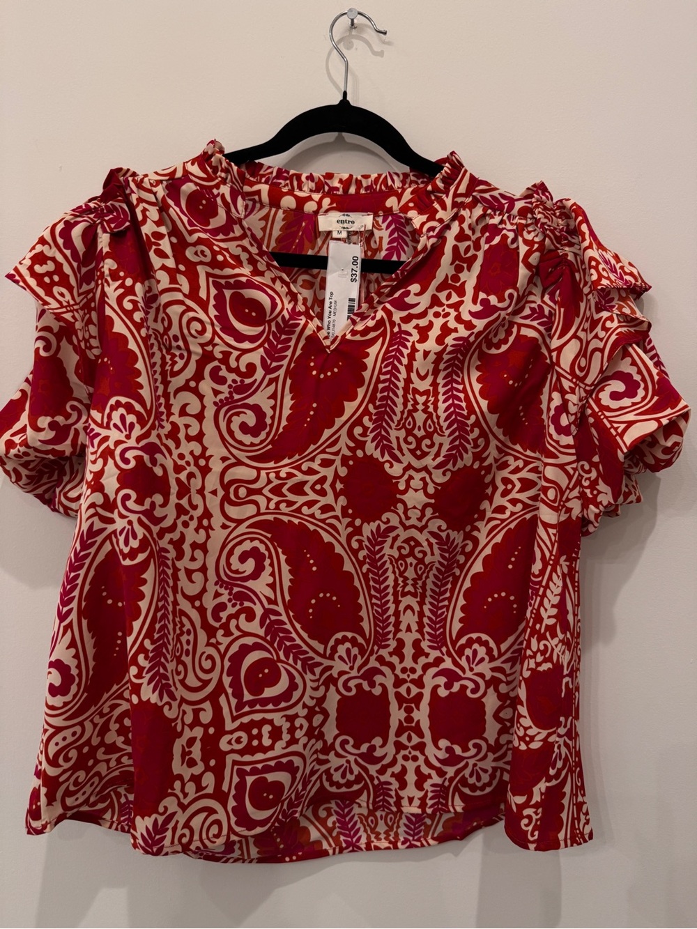 entro Red and Cream Paisley Short Sleeve Blouse